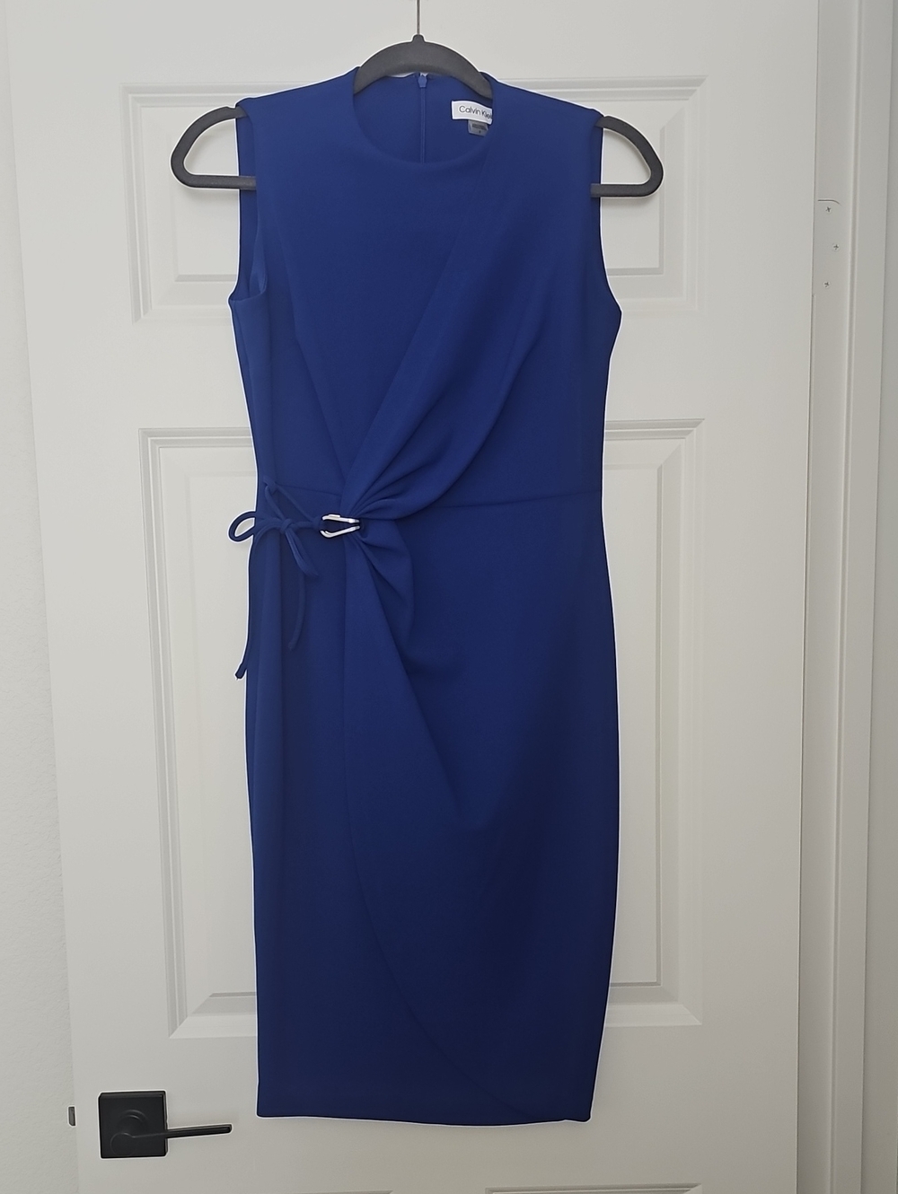 Calvin Klein Sleeveless Faux Wrap Front Tie Sheath Dress Royal Blue 6